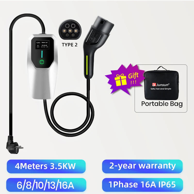 Chargeur mural portable Junsun pour véhicules électriques de type 2, 3,5 kW, avec contrôleur de charge, 16 A et prise CEE de 4 m.