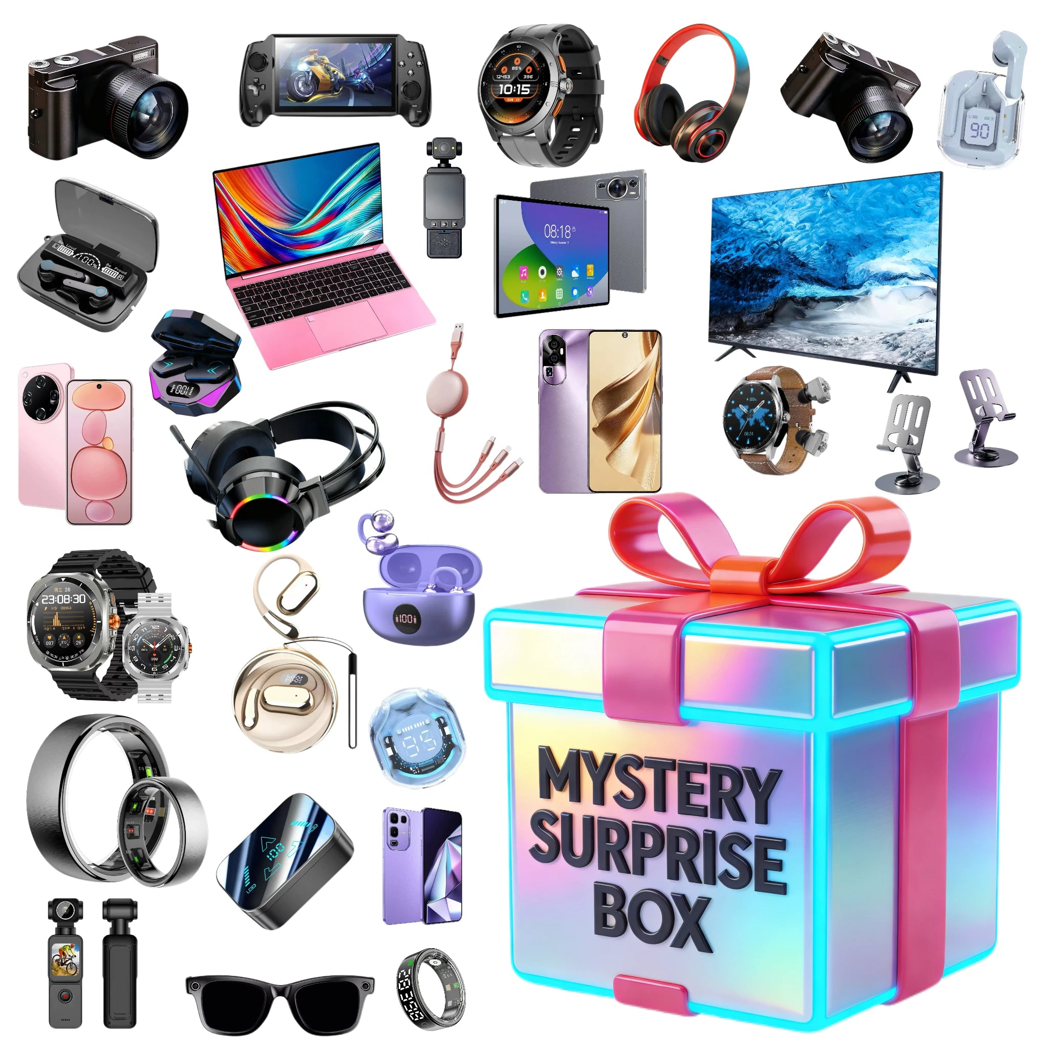 Coffret Mystère Électronique Avancée – 5 Pièces : Montre, Téléphone 5G, Écouteurs Surprise