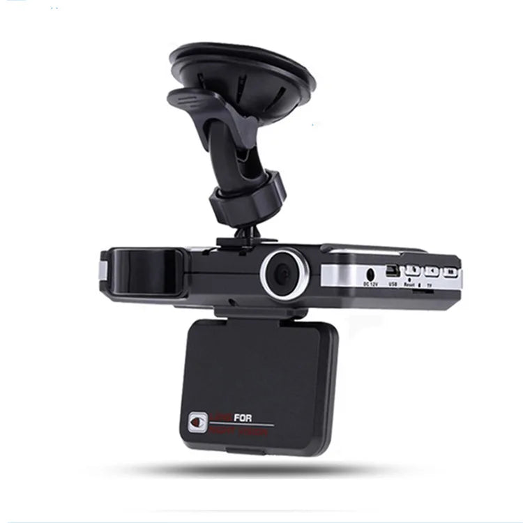 Détecteur de radar 2-en-1 avec écran tactile 1080p, capteur G, caméra embarquée avec alarme de survitesse à 170° et interface multilingue.