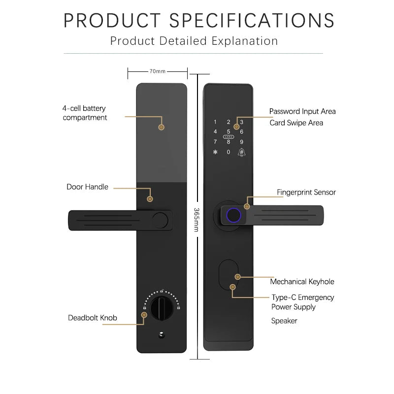 Serrure connectée Dapiyang A77, WiFi, Tuya/TTlock, empreinte/carte/code/app, sonnette intégrée