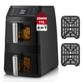 Friteuse à air chaud à double chambre, 2500 W, verticale, avec 2 chambres et fenêtre de visualisation, design compacte.