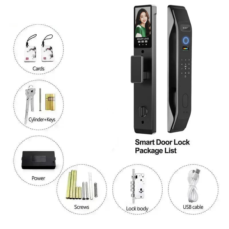 Serrure de porte intelligente Tuya : déverrouillage par empreinte numérique, mot de passe, télécommande, mot de passe numérique virtuel, contrôle par application 3D faciale. Utilisation à domicile et à l'hôtel.