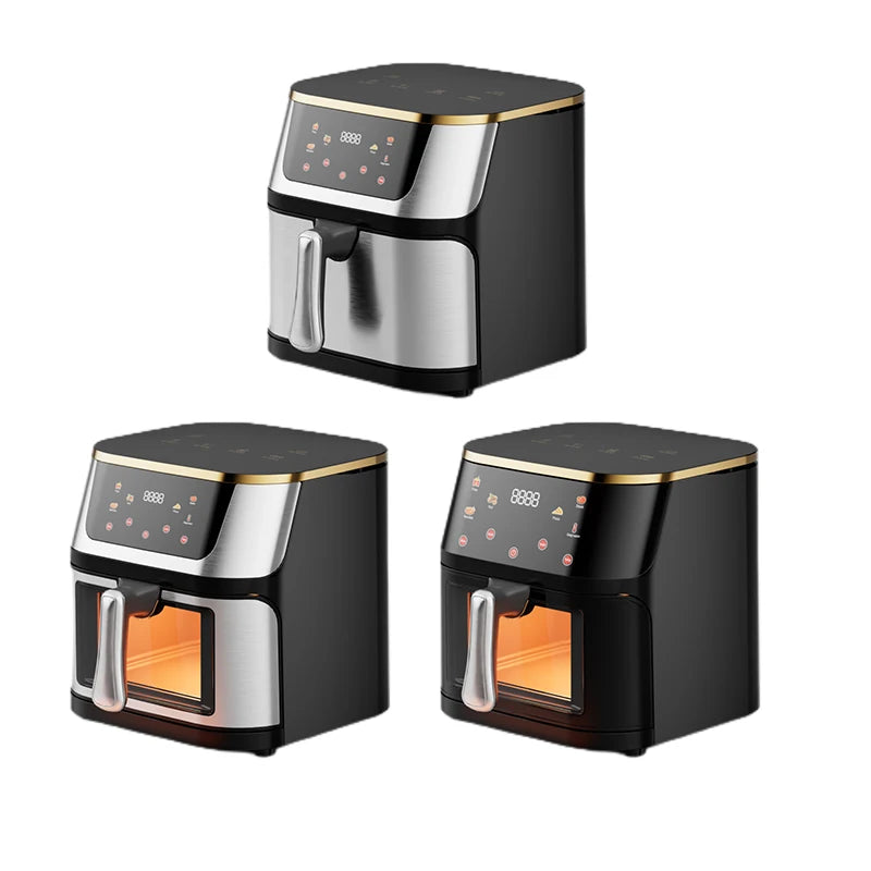Friteuse à air chaud grande capacité 10 L, appareil électroménager multifonctionnel carré avec écran tactile numérique.