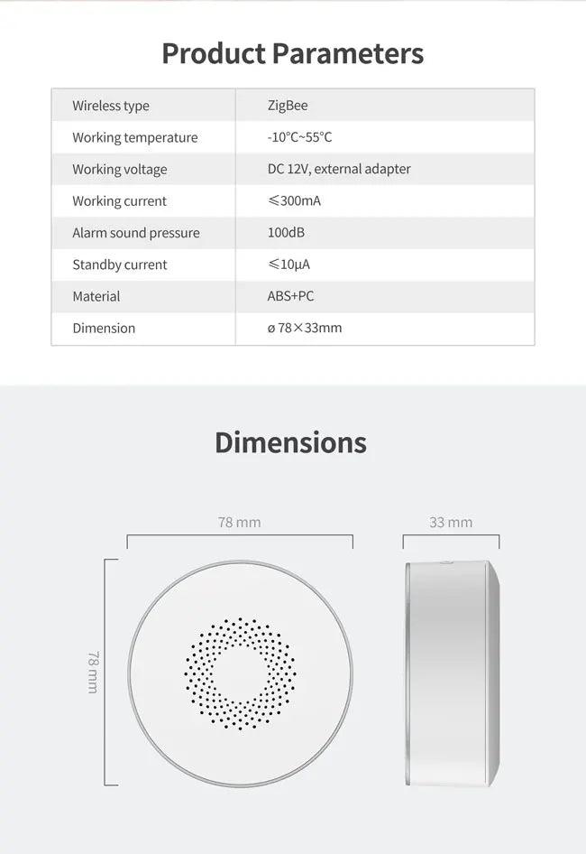 Alarme sonore et lumineuse intérieure Zigbee WiFi avec volume réglable, chargeur USB et contrôle via l'application Tuya Smart.
