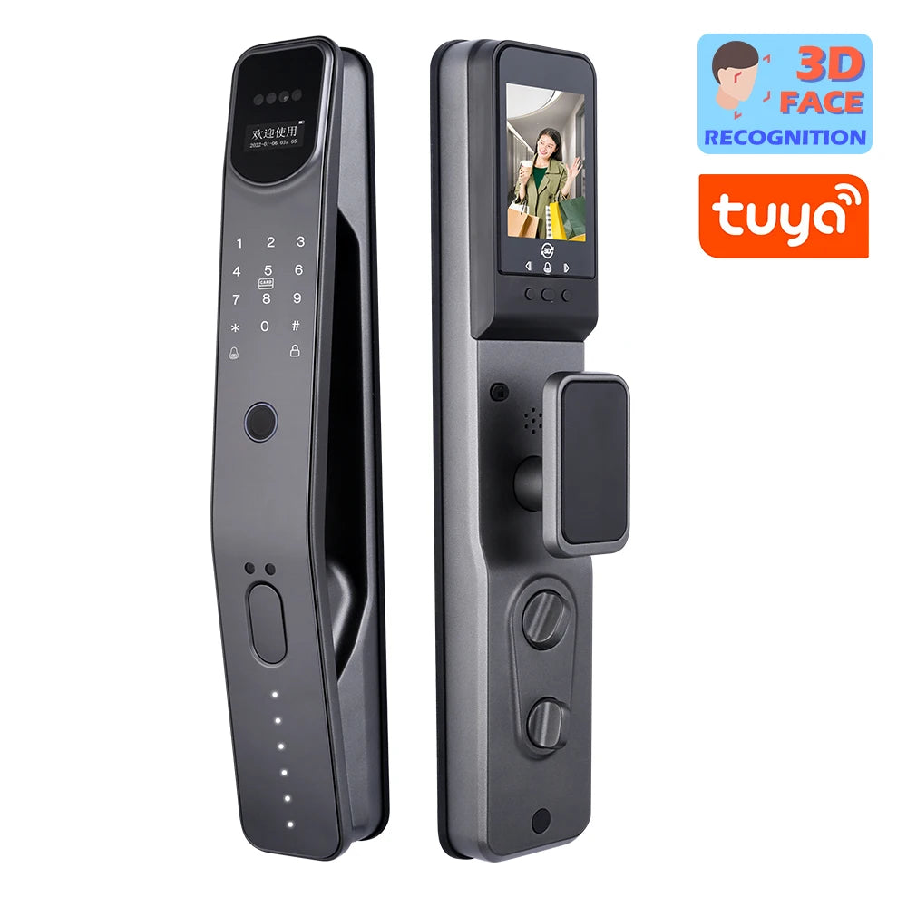 Serrure de porte sans clé 3D Tuya avec reconnaissance faciale, mot de passe et empreinte numérique, caméra et sonnette électronique.