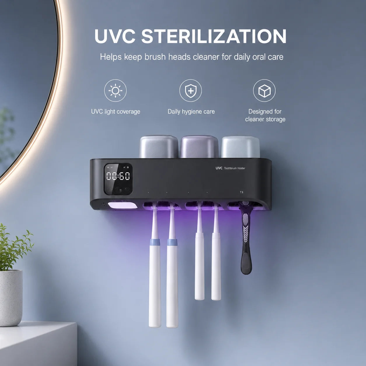 Stérilisateur de brosses à dents UVC à détection automatique, support de brosse à dents amovible à séchage chaud avec affichage de l'heure et veilleuse