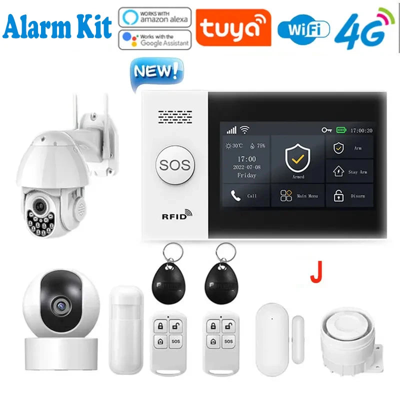 Système d'alarme de sécurité pour maison connectée Tuya, compatible GSM avec écran tactile, 4G, Wi-Fi et 433 MHz, matériau ABS, contrôlable via Alexa et l'application Smart Life.