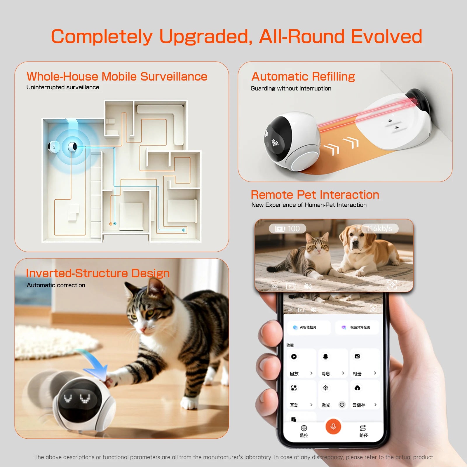 Robot domestique intelligent avec intelligence artificielle, protection et sécurité mobiles à 360°, surveillance des enfants et des personnes âgées, interaction avec les animaux domestiques, jouet laser, contrôle via application, charge automatique
