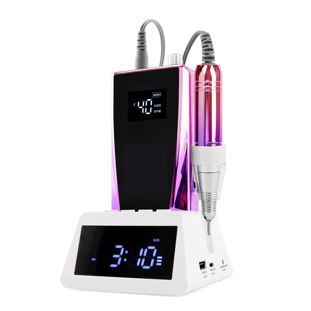 Kit de ponceuse à ongles électrique 45 W à balais de carbone, faible vibration, 40 000 tr/min, avec batterie externe et station de base horloge.