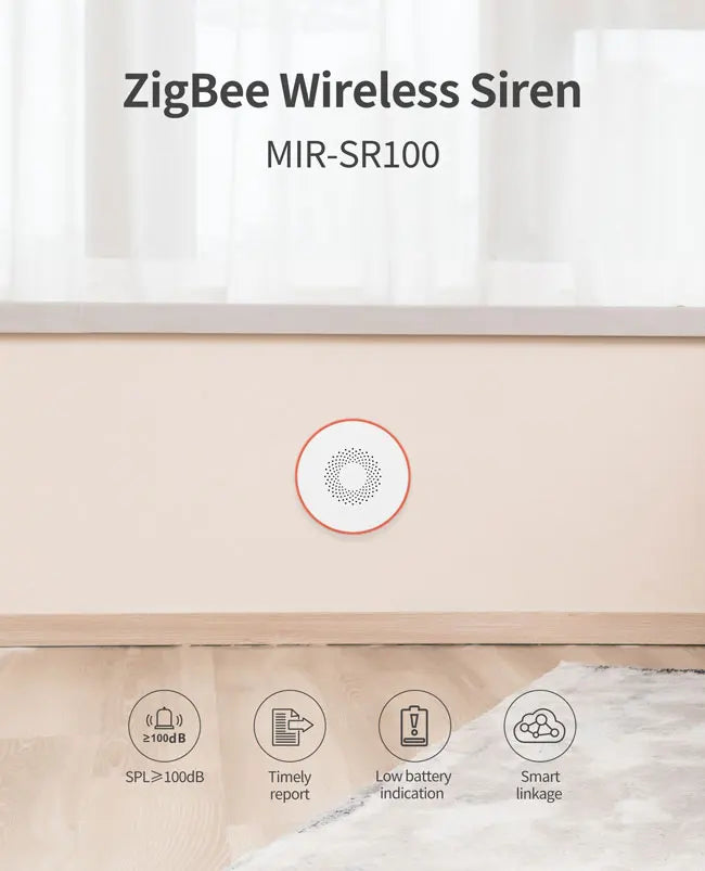 Alarme sonore et lumineuse intérieure Zigbee WiFi avec volume réglable, chargeur USB et contrôle via l'application Tuya Smart.