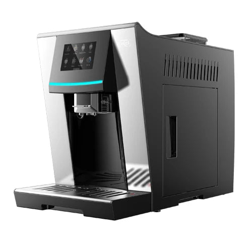 Distributeur automatique de café expresso compact à grains, prêt à l'emploi.