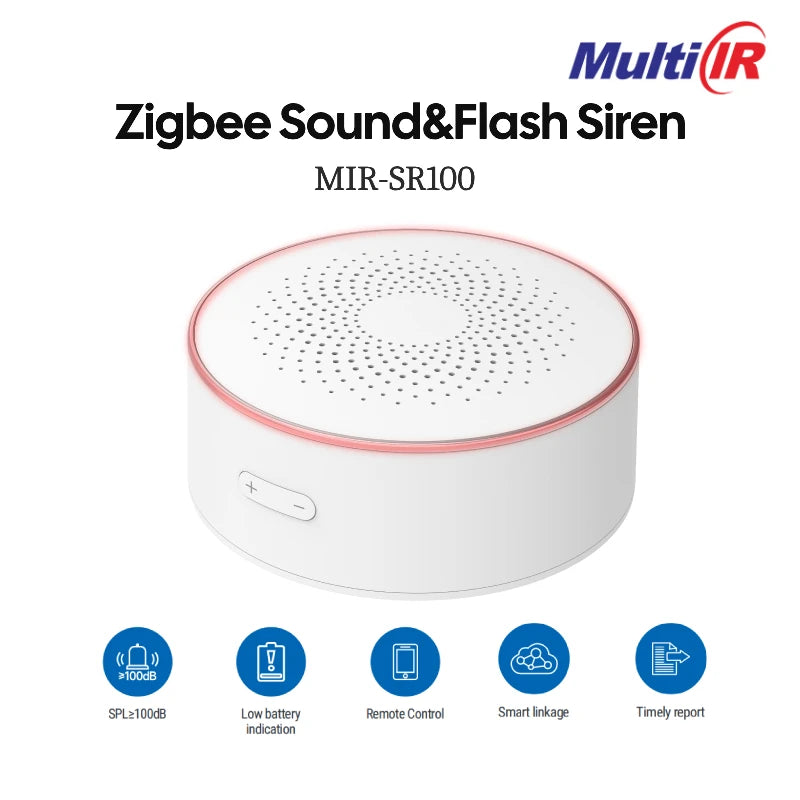 Alarme sonore et lumineuse intérieure Zigbee WiFi avec volume réglable, chargeur USB et contrôle via l'application Tuya Smart.