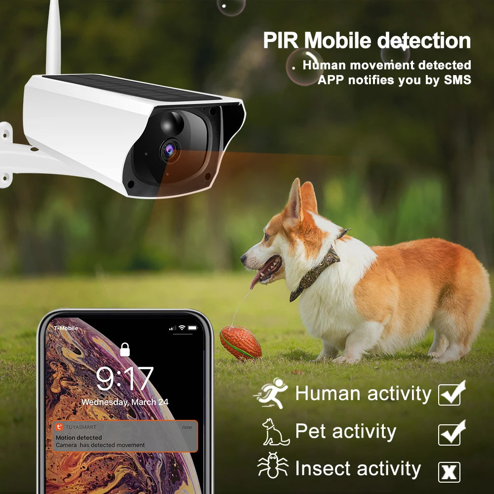Caméra de surveillance extérieure Tuya IP solaire 1080p HD Wi-Fi 1,5 W, format bullet, alimentée par batterie, longue autonomie en veille.