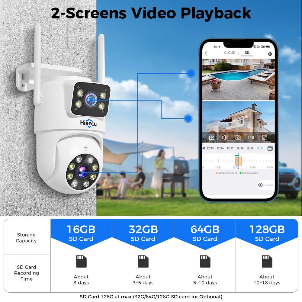 Système de caméra NVR 16 canaux à double objectif 5 GHz avec vision nocturne couleur et caméra de sécurité PTZ sans fil WiFi extérieur
