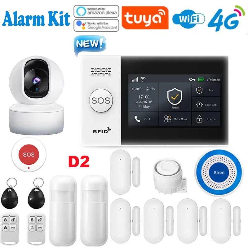 Système d'alarme de sécurité pour maison connectée Tuya, compatible GSM avec écran tactile, 4G, Wi-Fi et 433 MHz, matériau ABS, contrôlable via Alexa et l'application Smart Life.