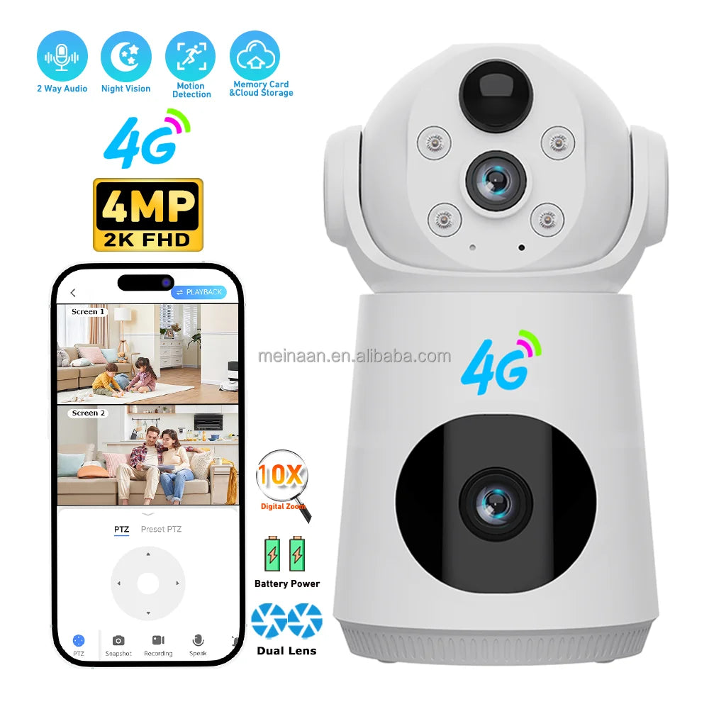 Caméra de Surveillance PTZ 2K 4MP | Double Objectif, Batterie, 4G SIM et Application V380 Pro