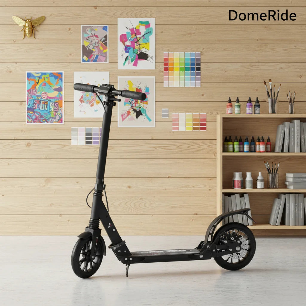 Trottinette adulte DomeRide pliable de haute qualité avec roues en PU, jantes en alliage d'aluminium, amortisseurs et selle réglable en hauteur. Frein à disque.