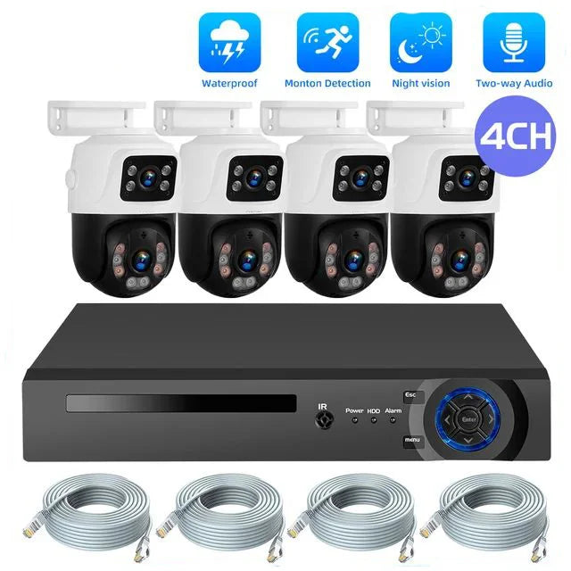 Système de vidéosurveillance IP sans fil extérieur 4 ou 8 canaux avec double objectif, surveillance 24 h/24 et 7 j/7, alimentation PoE et enregistreur vidéo réseau (NVR) pour la sécurité domestique.