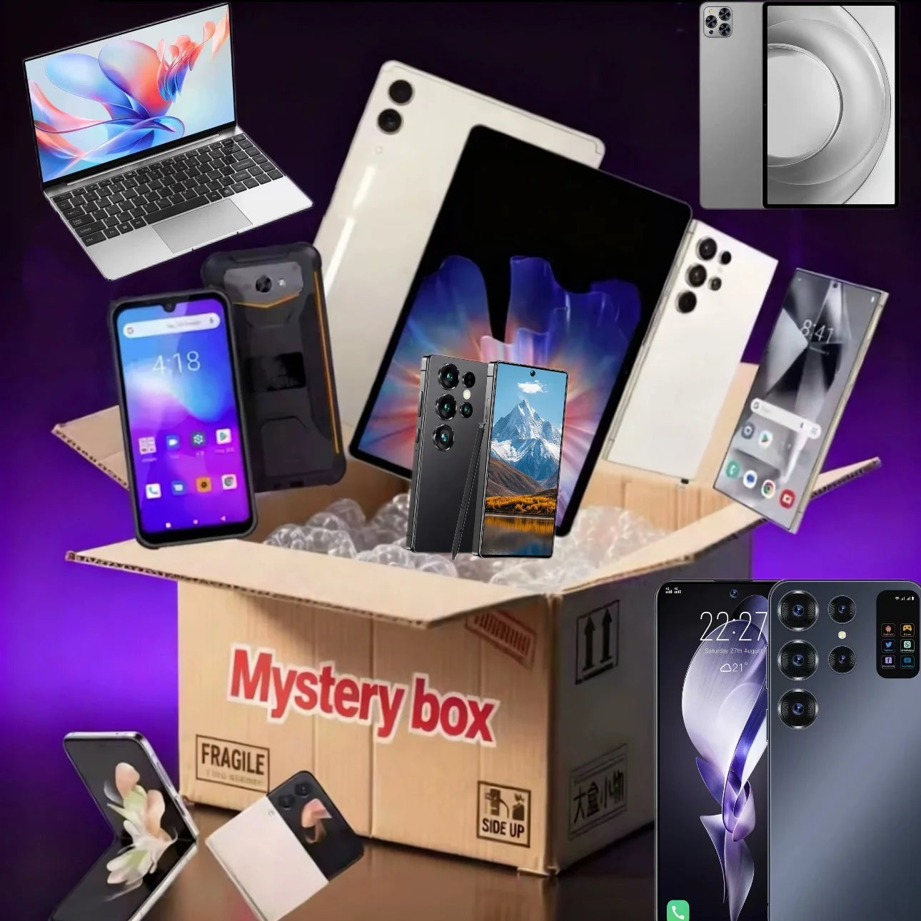 Box Mystère High-Tech 2025 – Smartphone, Tablette, Ordinateur portable, TV – Cadeau de Noël garanti