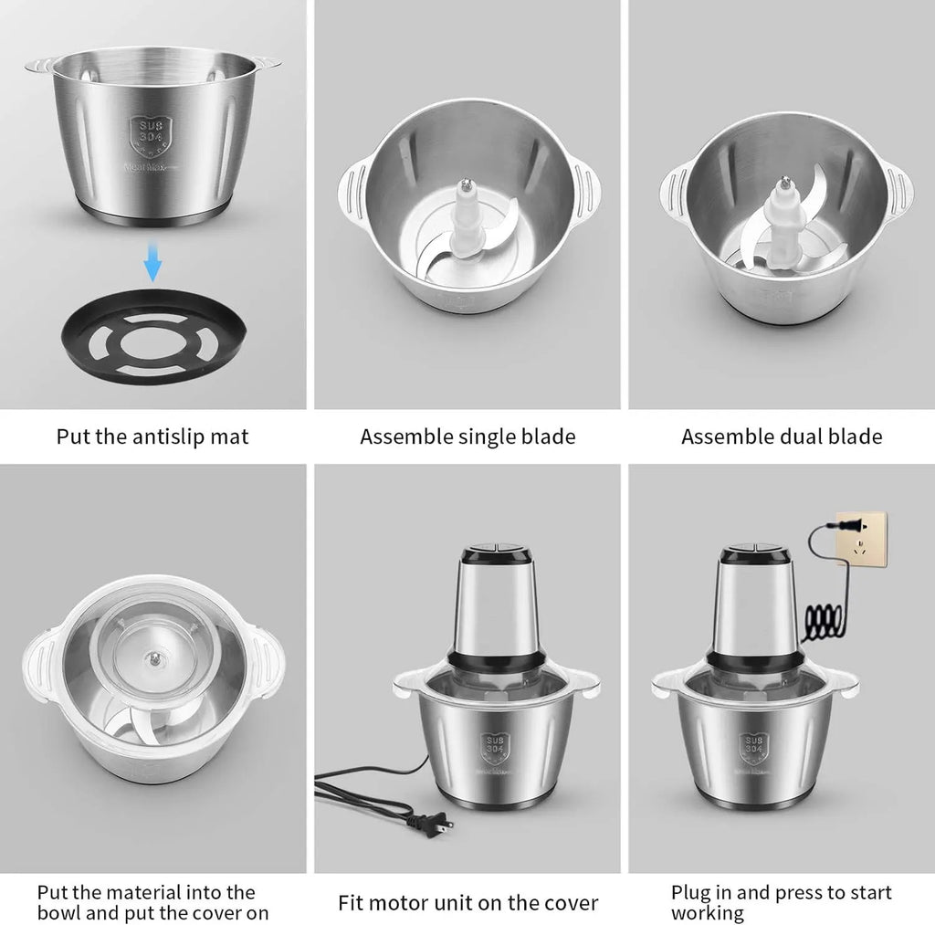 Mini robot culinaire et hachoir à viande électrique en acier inoxydable de 2,5 L avec fonctions de hachage et de broyage, grande capacité.