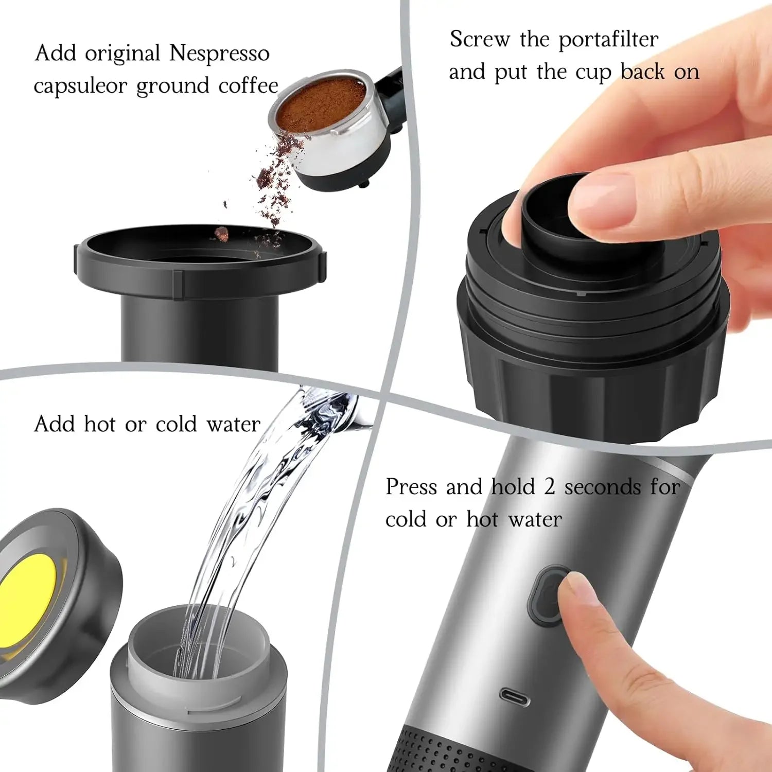 Machine à café à capsules portable 3 en 1, compacte et multifonctionnelle, idéale pour les voyages et les activités de plein air.