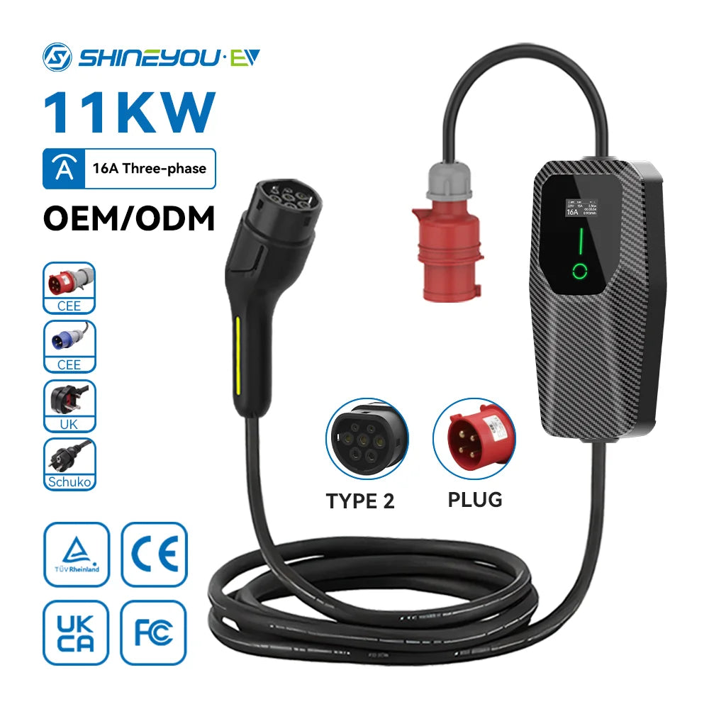 Vente en gros uniquement. Chargeur portable premium Shineyou 16 A 11 kW pour véhicules électriques, type 2, avec adaptateurs pour le marché mondial. Sûr et pratique.