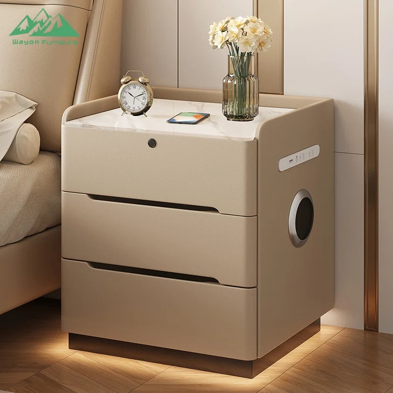 Table de Nuit Wayon – Charge Sans Fil, Enceinte BT, 3 Tiroirs & Verrou | Bois