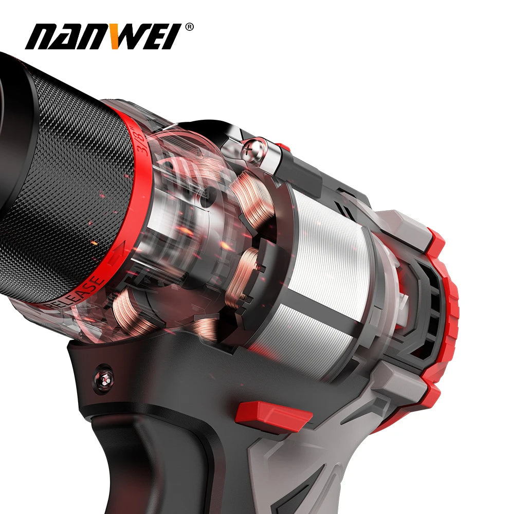 Perceuse sans fil Nanwei 21 V, 525 W, moteur sans balais, vitesse variable, mandrin rapide