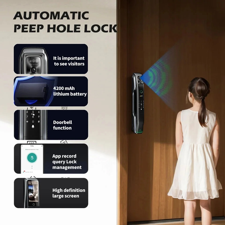 Serrure de porte automatique en bois noir 6085 avec caméra de reconnaissance faciale 3D, interphone vidéo 9 langues et connexion Wi-Fi Tuya 6068.
