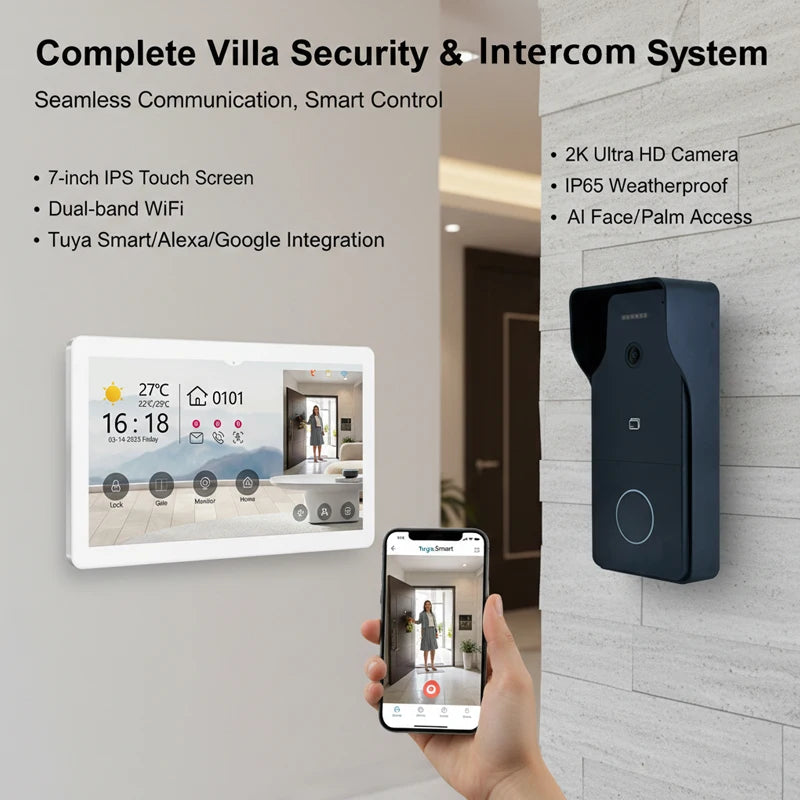 Système d'interphone Hiwink Smart Villa avec sonnette vidéo étanche 2K, moniteur intérieur à écran tactile 7 pouces et compatible Tuya.
