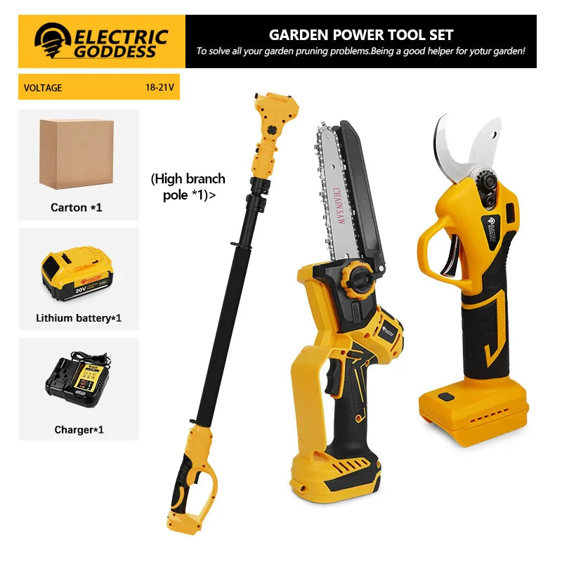 Scie à chaîne sans fil Electric Goddess Industrial 20V avec rallonge pour sécateur et cisailles.