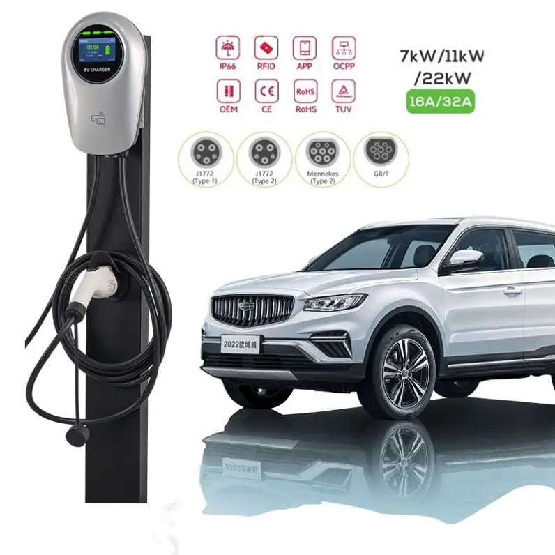 Borne de recharge commerciale ZHK pour véhicules électriques (CA) avec application multifonctionnelle, bouton RFID et chargeur triphasé 44 kW 400 V.