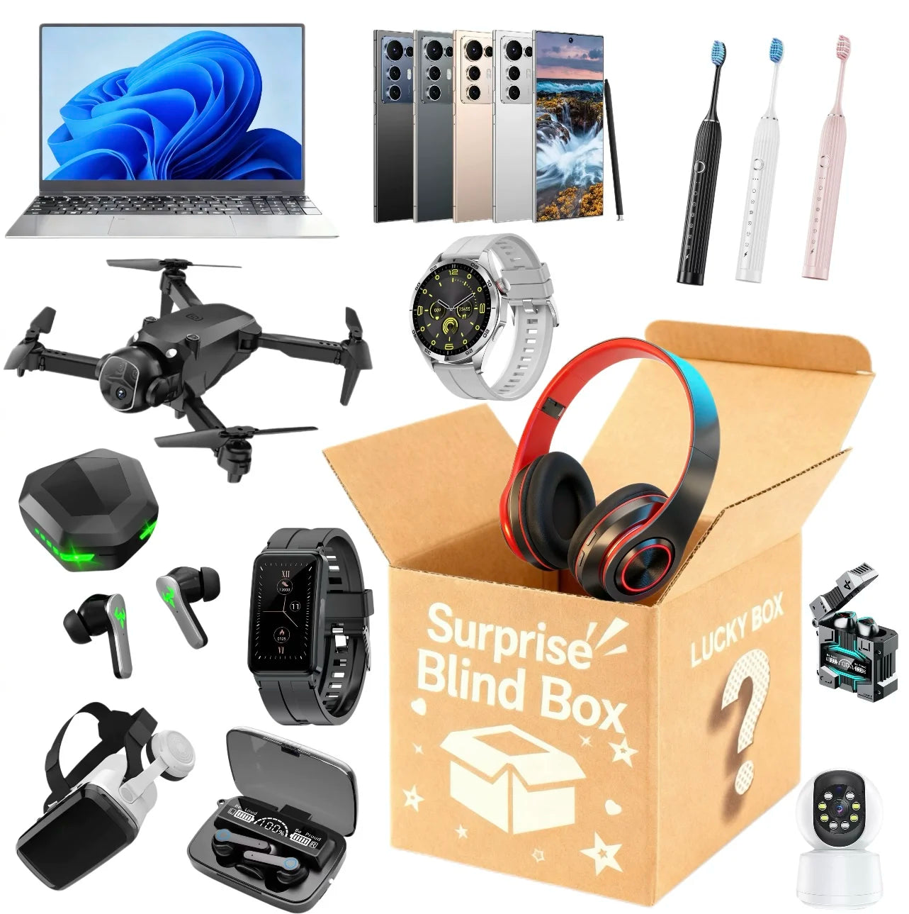 Coffret Mystère Vintage 100% Gagnant – Écouteurs, Montre Connectée, Cadeau Surprise