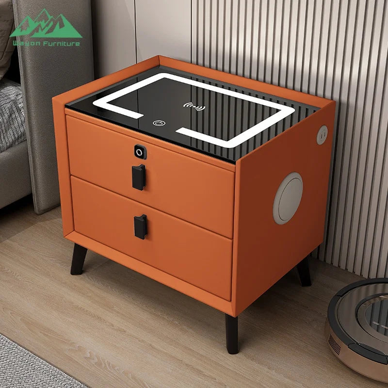 Table de Nuit Surélévée Wayon – Charge Sans Fil, Enceinte BT, 2 Tiroirs & Sécurité Empreinte