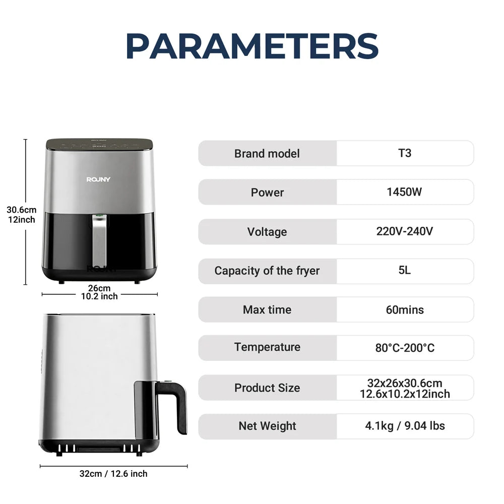 Air Fryer 5 L Intelligent | Écran Tactile, 8 Modes de Cuisson, Hublot et 1450 W
