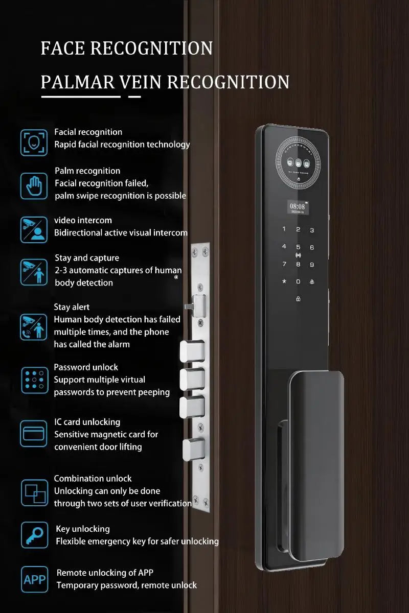 Serrure connectée Tuya avec reconnaissance d'empreintes digitales, faciales et palmaires, stockage cloud, Wi-Fi et application mobile, interphone vidéo