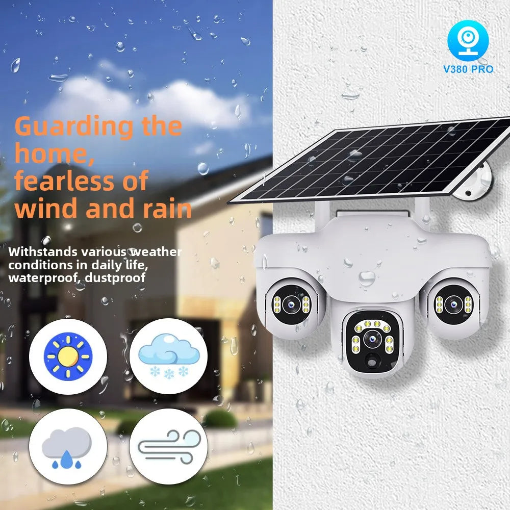 Caméra de sécurité réseau IP 4G HD V380 Pro 6MP avec 3 objectifs, vision nocturne, Wi-Fi, sans fil, alimentation solaire et infrarouge.