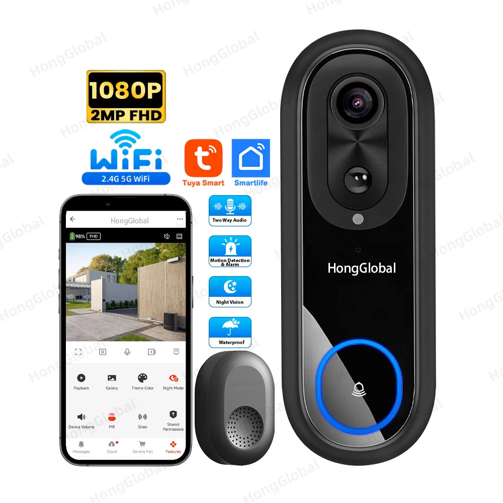 Sonnette vidéo sans fil connectée HongGlobal 2MP extérieure 2,4 GHz/5 GHz WiFi avec batterie, compatible Smartlife et Tuya.