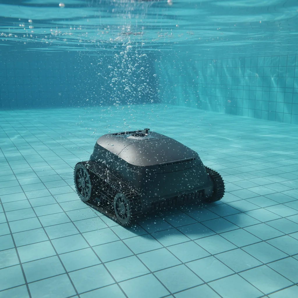 Robot nettoyeur de piscine sans fil intelligent avec aspirateur sous-marin automatique, étanche IPX8 et télécommande.