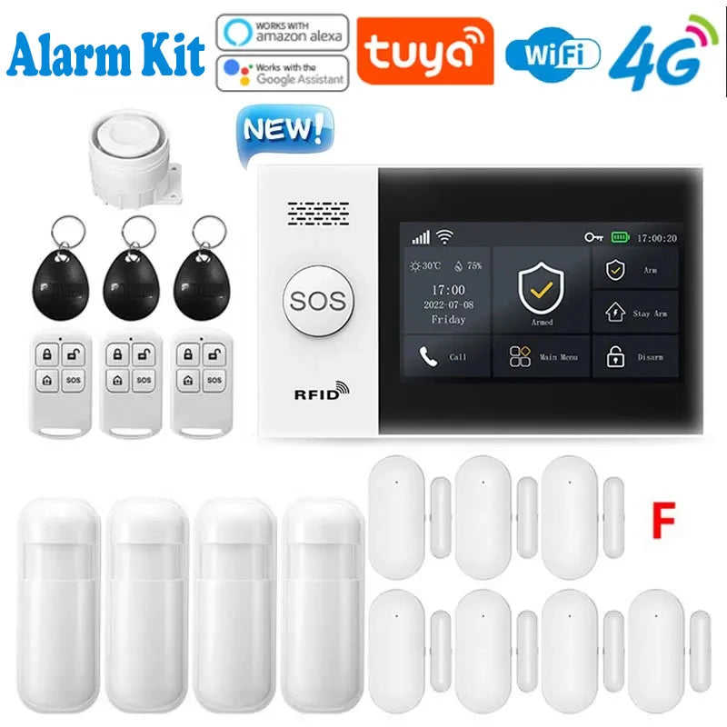 Système d'alarme de sécurité pour maison connectée Tuya, compatible GSM avec écran tactile, 4G, Wi-Fi et 433 MHz, matériau ABS, contrôlable via Alexa et l'application Smart Life.
