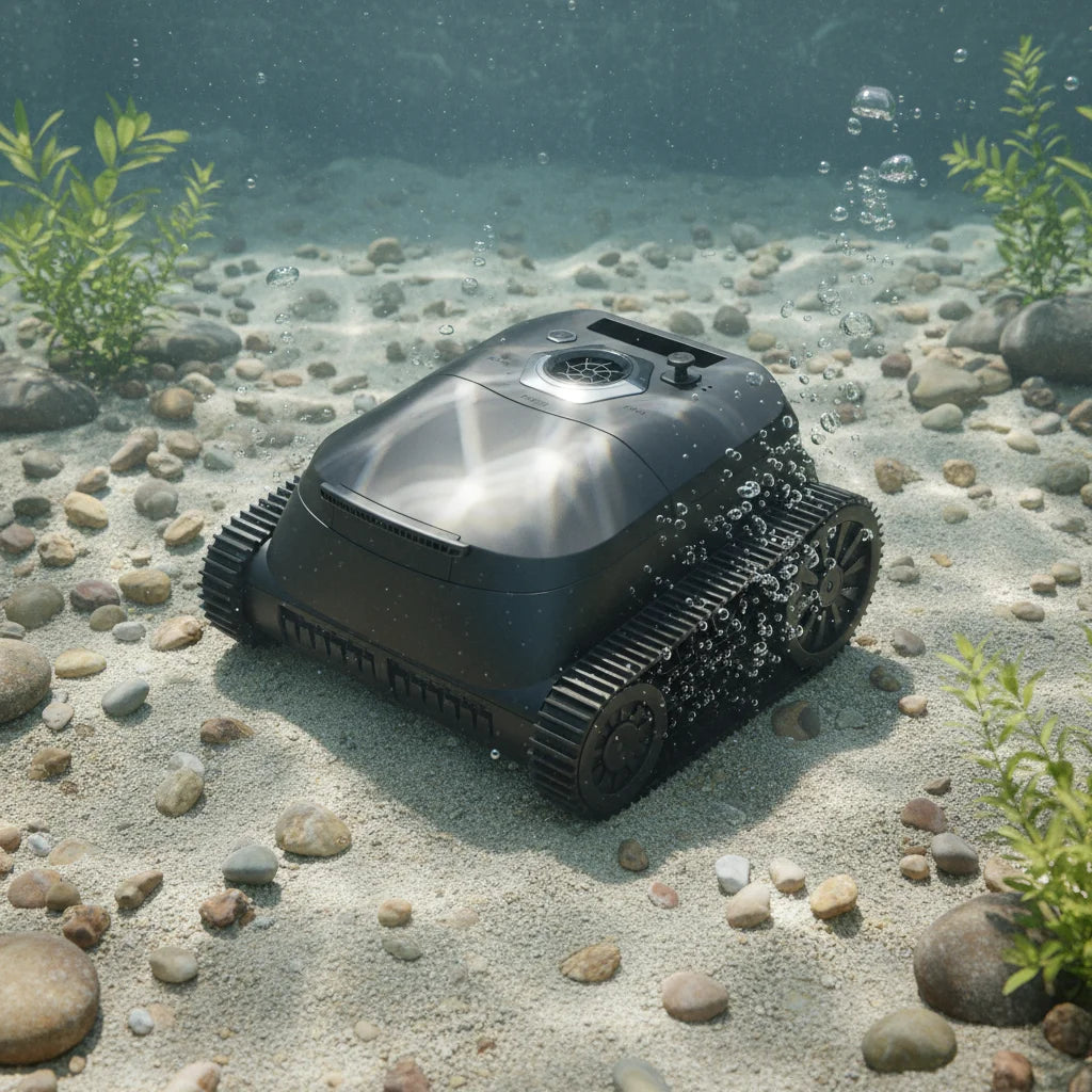 Robot nettoyeur de piscine sans fil intelligent avec aspirateur sous-marin automatique, étanche IPX8 et télécommande.