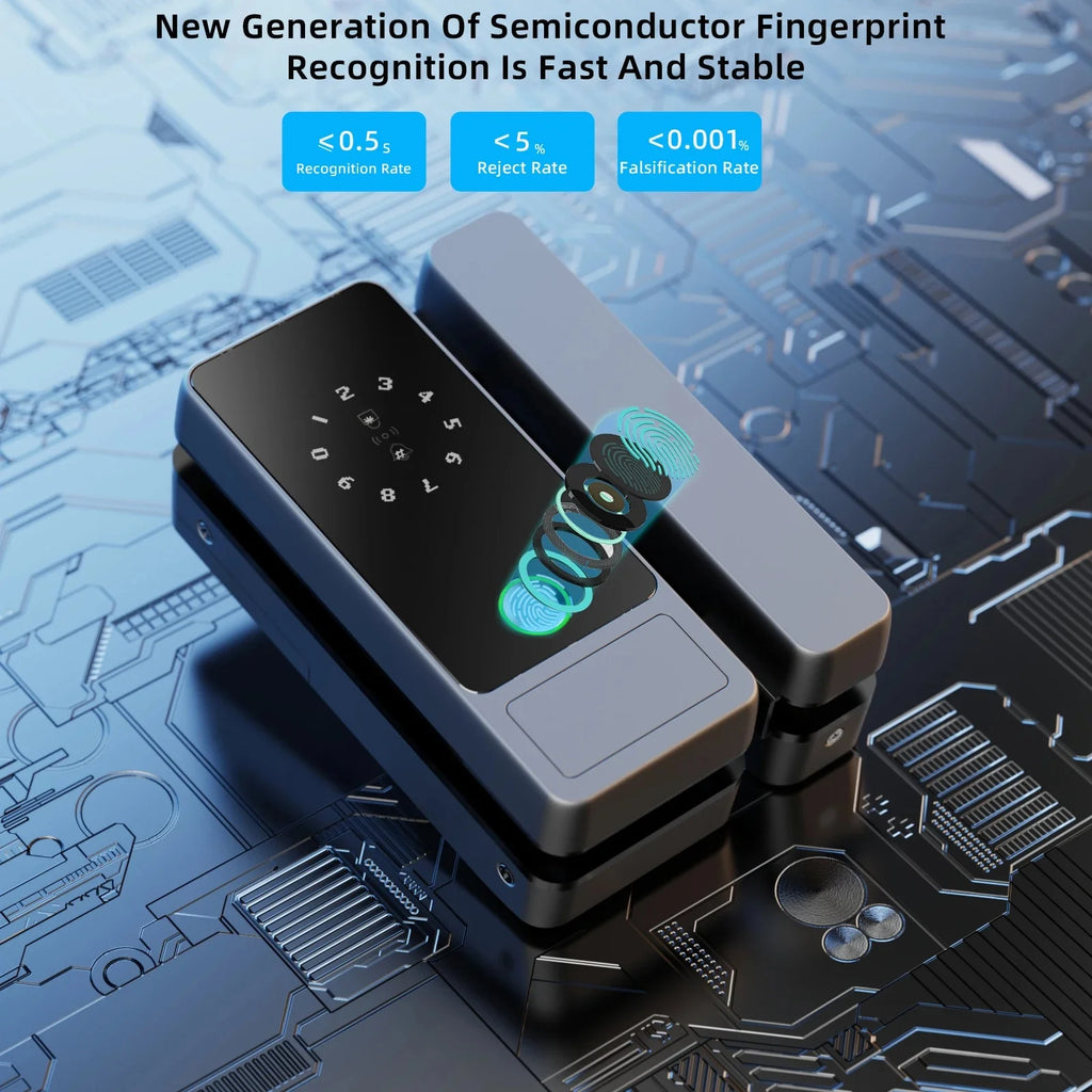 Serrure connectée Tuya Wifi pour porte en verre, déverrouillage par empreinte numérique, application, carte à puce ou mot de passe.