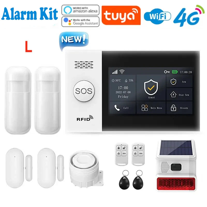 Système d'alarme de sécurité pour maison connectée Tuya, compatible GSM avec écran tactile, 4G, Wi-Fi et 433 MHz, matériau ABS, contrôlable via Alexa et l'application Smart Life.