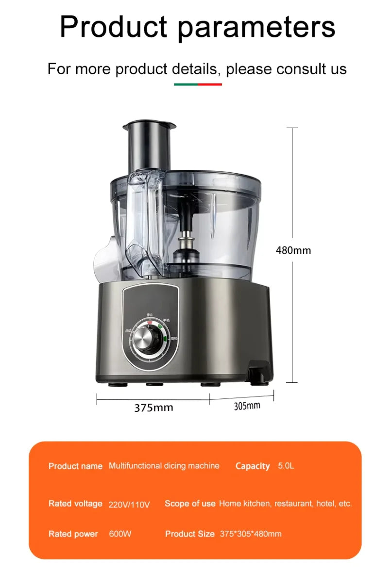 Robot culinaire électrique haute capacité 5L avec trancheuse à légumes, idéal pour la cuisine domestique et les activités de plein air, et lames de coupe multifonctionnelles.