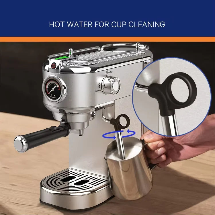 Machine à café expresso professionnelle avec mousseur à lait et vapeur, compacte, électrique, en acier inoxydable argenté