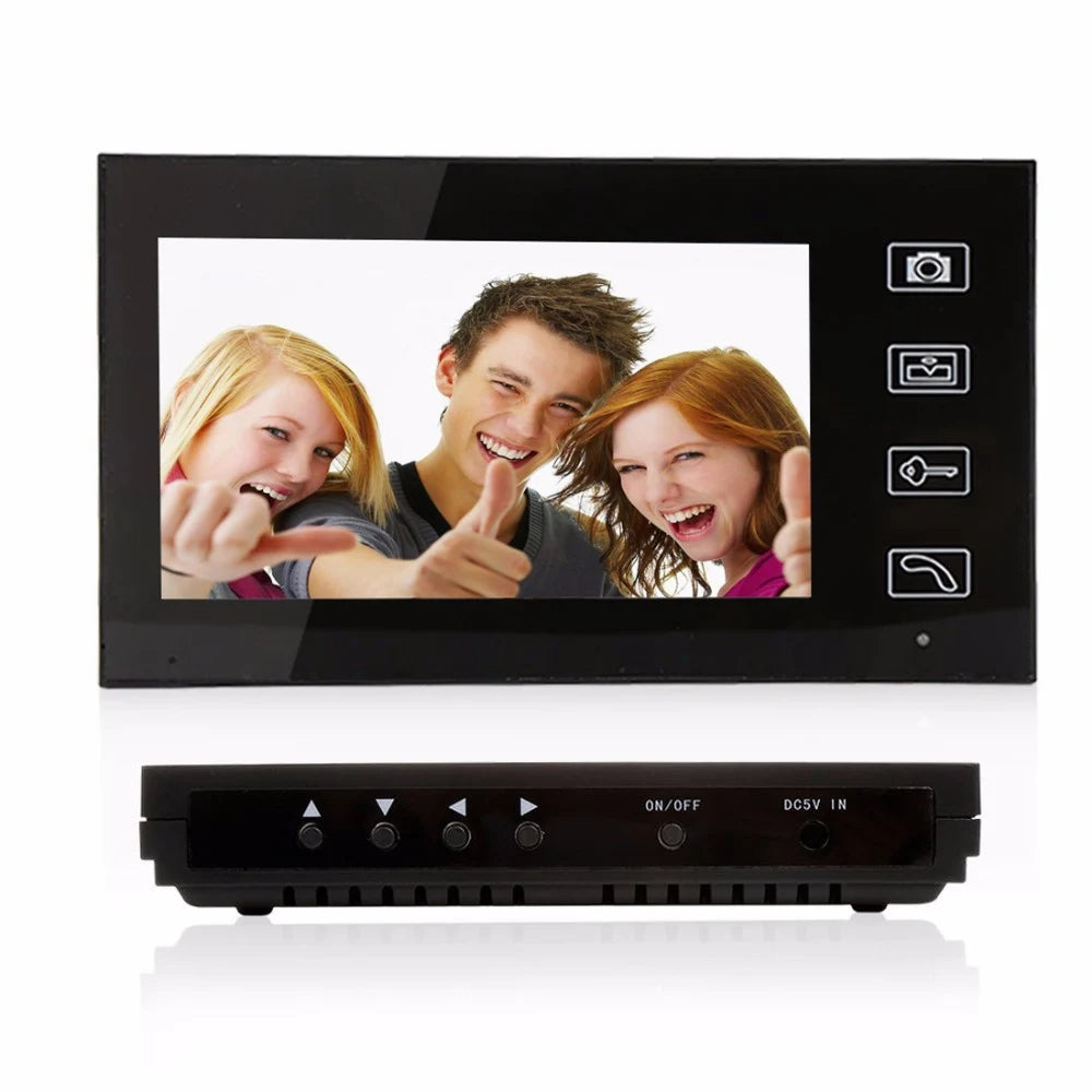 Interphone vidéo sans fil 2,4 GHz avec écran couleur TFT 7 pouces et fonction d'appel et de déverrouillage.