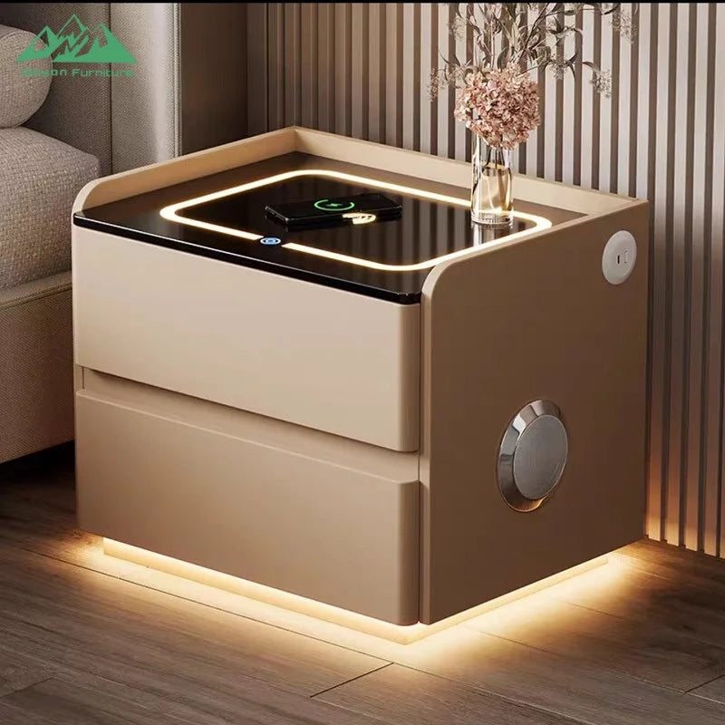 Table de Nuit Luxe Wayon – Charge Sans Fil, Enceinte BT, 2 Tiroirs & Verrou Empreinte