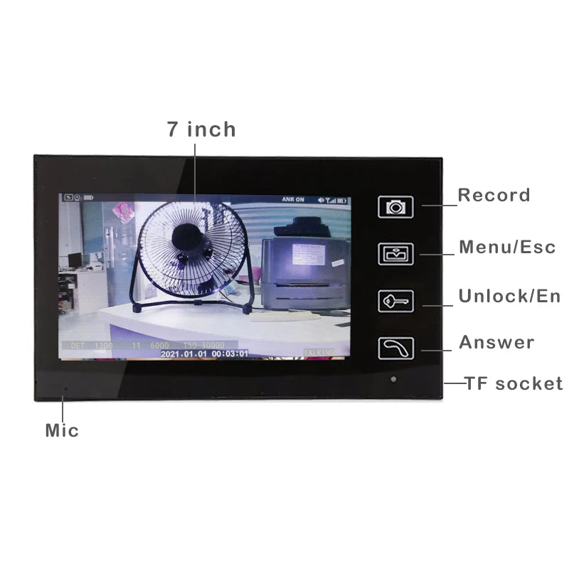 Interphone vidéo sans fil 2,4 GHz avec écran couleur TFT 7 pouces et fonction d'appel et de déverrouillage.