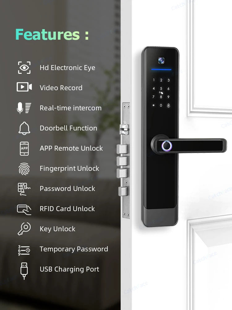 Serrure électronique SZMYQ avec interphone vidéo, 2 interphones audio, caméra d'empreintes digitales, serrure connectée et Wi-Fi.