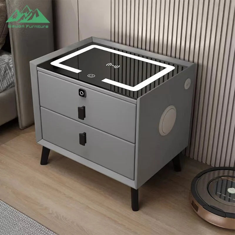 Table de Nuit Surélévée Wayon – Charge Sans Fil, Enceinte BT, 2 Tiroirs & Sécurité Empreinte